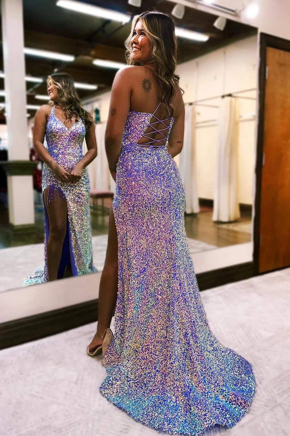 Wholesale Sparkly Light Purple Lace-Up Back Long Sequin Prom Dress with Fringe prom dresses with long sleeves